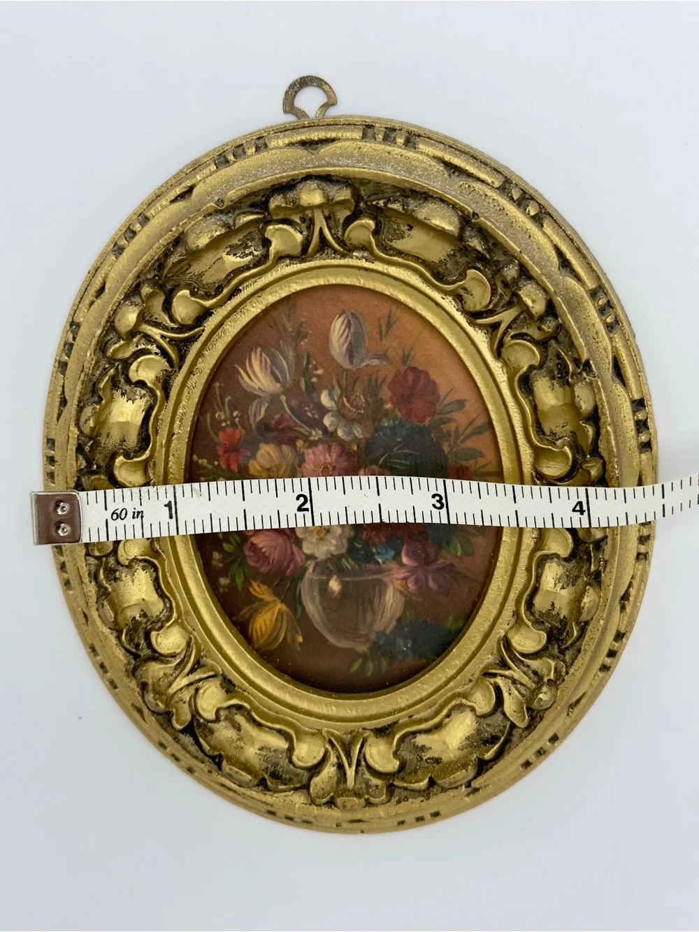Vintage Pair Oval Gold Framed Wall Art Floral & Scenic Made in Italy
